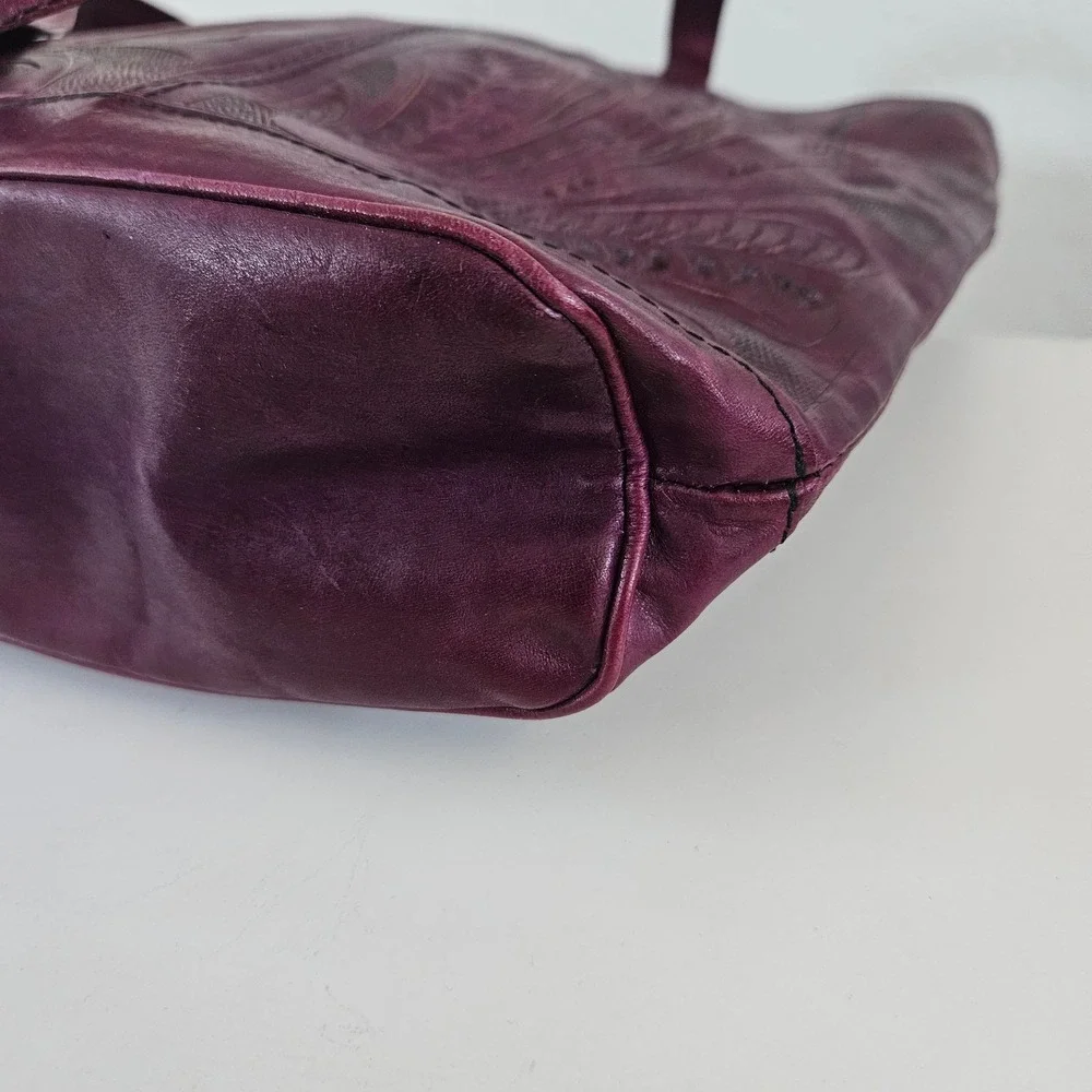 Leaders In Leather Hand-Tooled Tote Bag Burgundy Floral Boho Western Shoulder